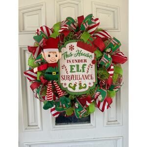 Elf Surveillance Christmas Wreath | Fun Elf Holiday Door Hanger Fireplace Decor